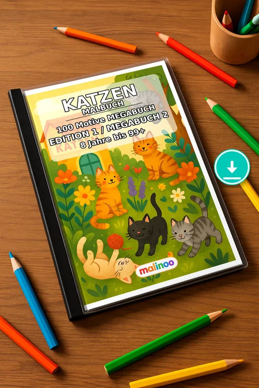 Katzen Malbuch 100 Ausmalbilder PDF Download – Mockup-Ansicht