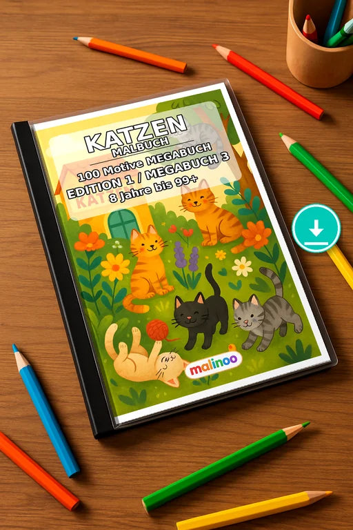 Katzen Malbuch 100 Ausmalbilder PDF Download – Mockup-Ansicht