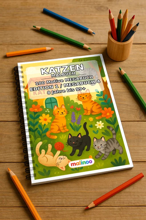 Katzen Malbuch 100 Ausmalbilder gedruckt und gebunden – Mockup-Ansicht
