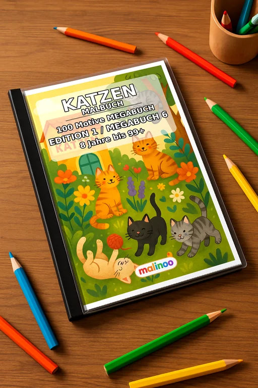 Katzen Malbuch 100 Ausmalbilder gedruckt+gebunden – Mockup-Ansicht