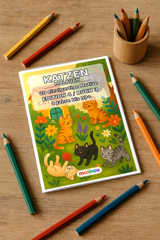 Katzen Malbuch 20 Ausmalbilder gedruckt+gebunden – Mockup-Ansicht