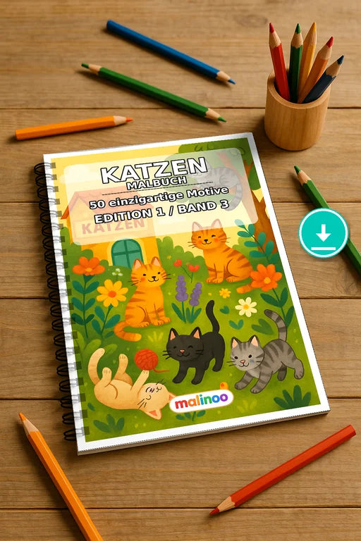 Katzen Malbuch 50 Ausmalbilder PDF Download digital – Mockup-Ansicht