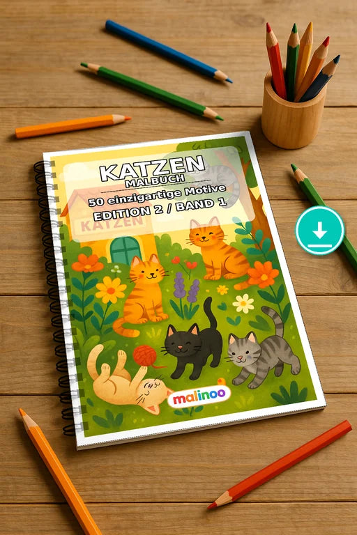 Katzen Malbuch 50 Ausmalbilder PDF Download digital – Mockup-Ansicht