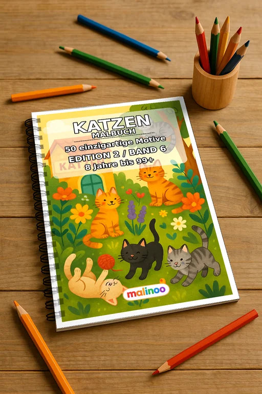 Katzen Malbuch 50 Ausmalbilder gedruckt und gebunden – Mockup-Ansicht