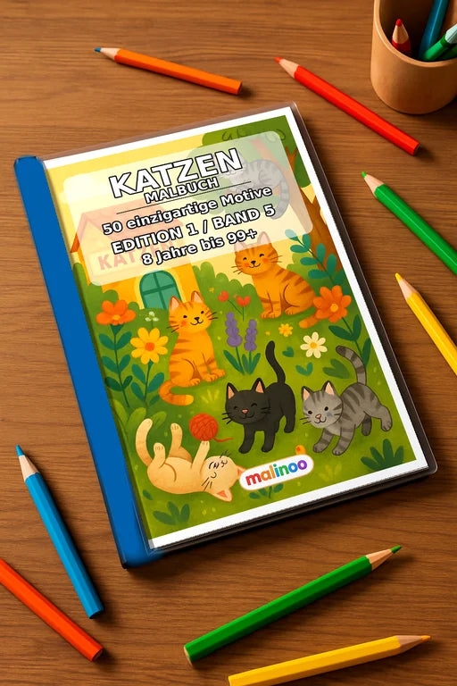 Katzen Malbuch 50 Ausmalbilder gedruckt+gebunden – Mockup-Ansicht