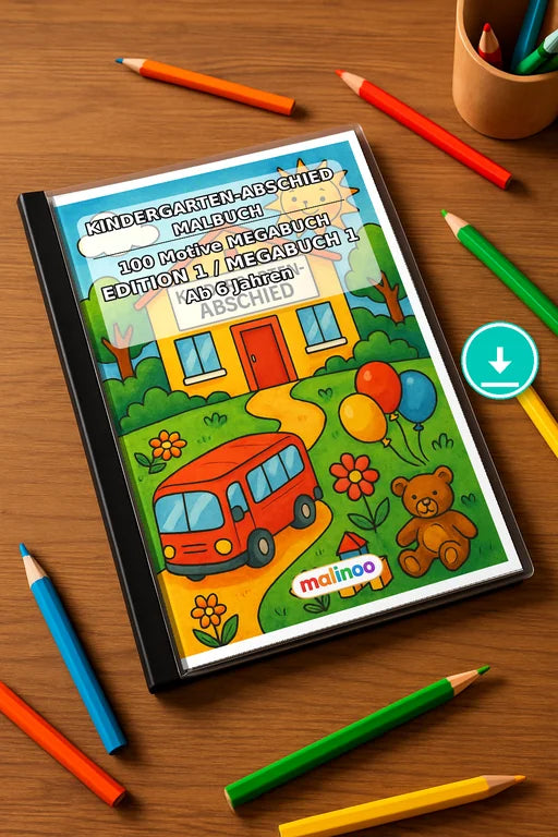Kindergarten-Abschied Malbuch 100 Ausmalbilder PDF Download – Mockup-Ansicht
