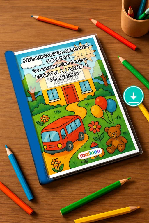 Kindergarten-Abschied Malbuch 50 Ausmalbilder PDF Download – Mockup-Ansicht