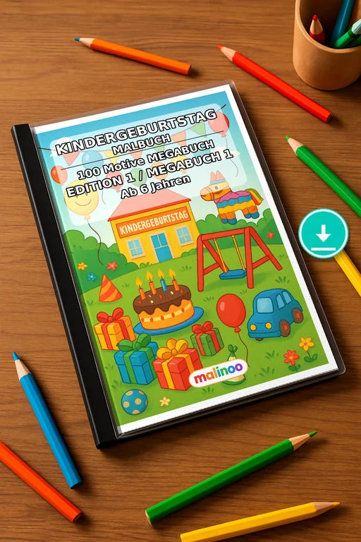 Kindergeburtstag Malbuch 100 Ausmalbilder PDF Download – Mockup-Ansicht