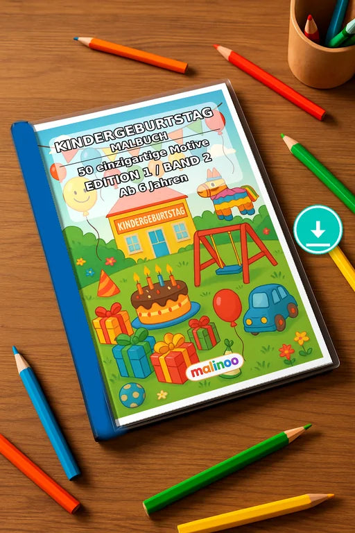 Kindergeburtstag Malbuch 50 Ausmalbilder PDF Download – Mockup-Ansicht