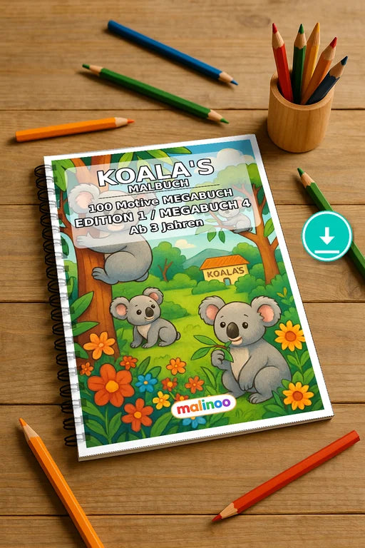 Koala's Malbuch 100 Ausmalbilder PDF Download – Mockup-Ansicht