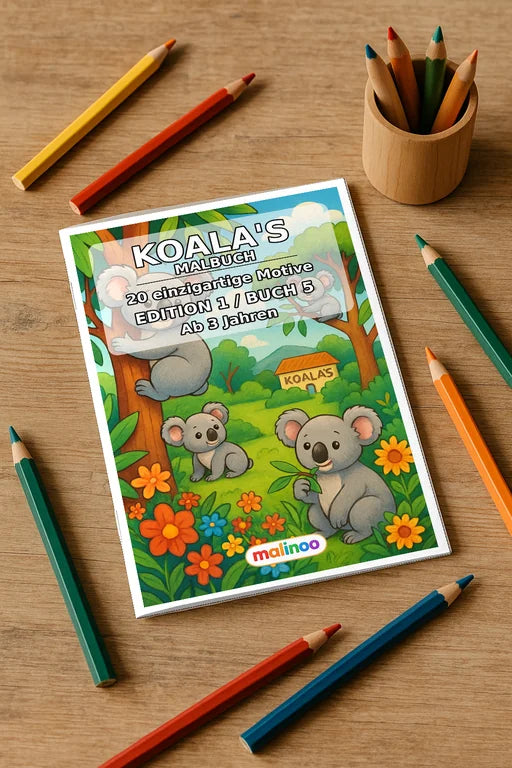 Koala's Malbuch 20 Ausmalbilder gedruckt+gebunden – Mockup-Ansicht