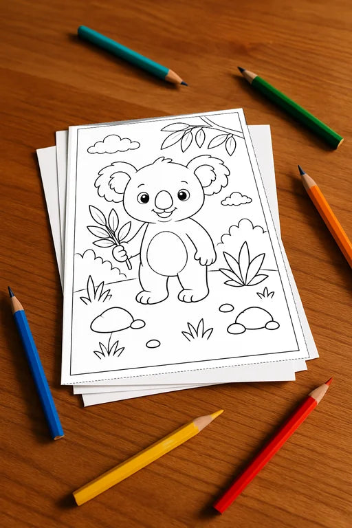 Koala's Malbuch 20 Ausmalbilder gedruckt, ungebunden – Mockup-Ansicht