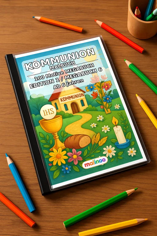 Kommunion Malbuch 100 Ausmalbilder gedruckt+gebunden – Mockup-Ansicht