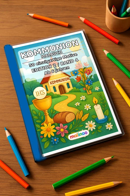Kommunion Malbuch 50 Ausmalbilder gedruckt+gebunden – Mockup-Ansicht