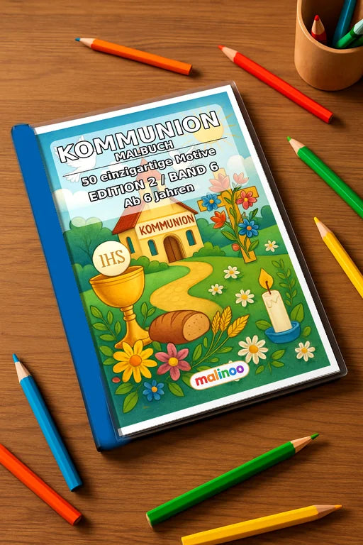 Kommunion Malbuch 50 Ausmalbilder gedruckt+gebunden – Mockup-Ansicht