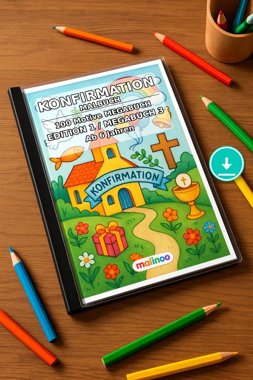 Konfirmation Malbuch 100 Ausmalbilder PDF Download – Mockup-Ansicht