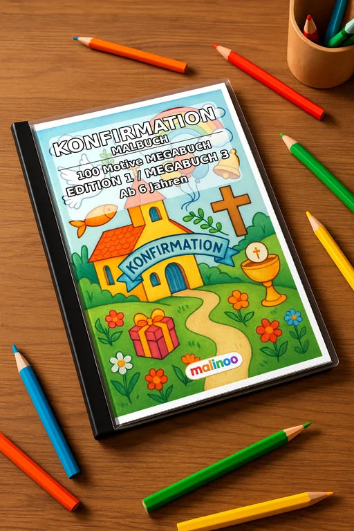 Konfirmation Malbuch 100 Ausmalbilder gedruckt+gebunden – Mockup-Ansicht