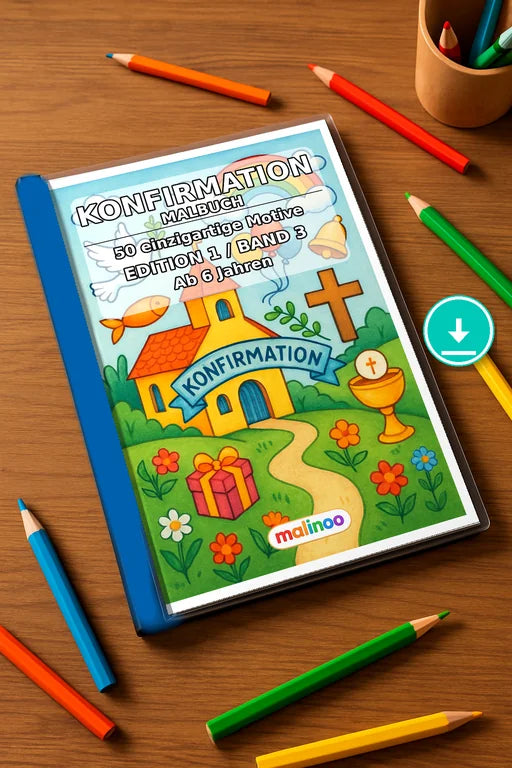 Konfirmation Malbuch 50 Ausmalbilder PDF Download – Mockup-Ansicht