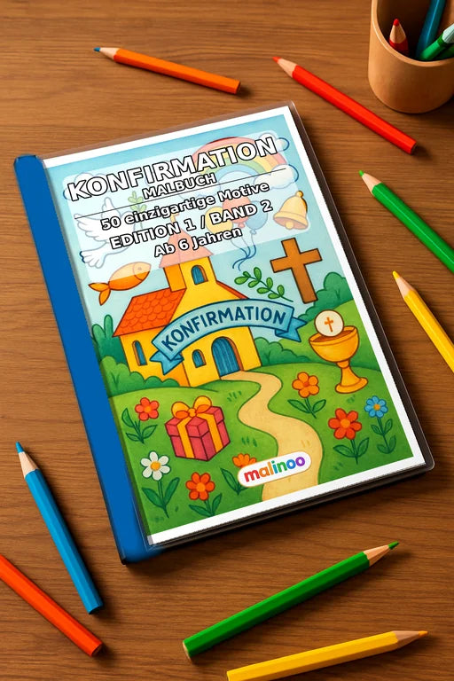 Konfirmation Malbuch 50 Ausmalbilder gedruckt+gebunden – Mockup-Ansicht