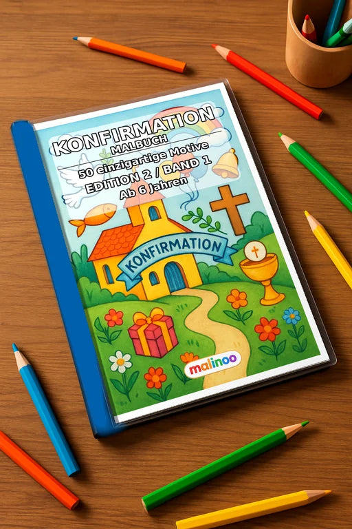 Konfirmation Malbuch 50 Ausmalbilder gedruckt+gebunden – Mockup-Ansicht