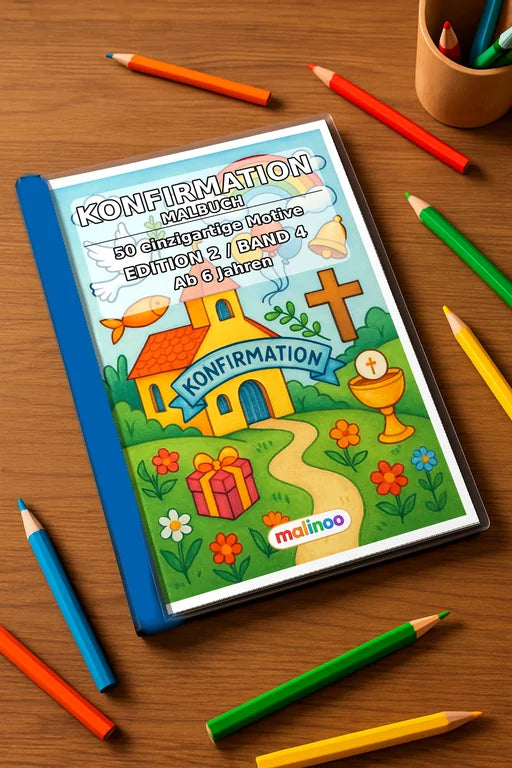 Konfirmation Malbuch 50 Ausmalbilder gedruckt+gebunden – Mockup-Ansicht
