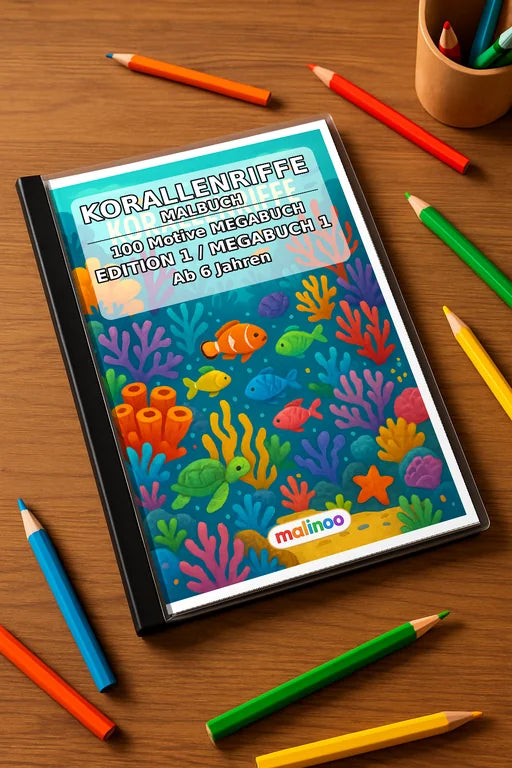 Korallenriffe Malbuch 100 Ausmalbilder gedruckt+gebunden – Mockup-Ansicht