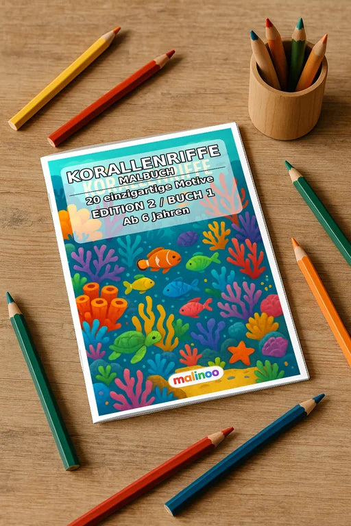 Korallenriffe Malbuch 20 Ausmalbilder gedruckt+gebunden – Mockup-Ansicht