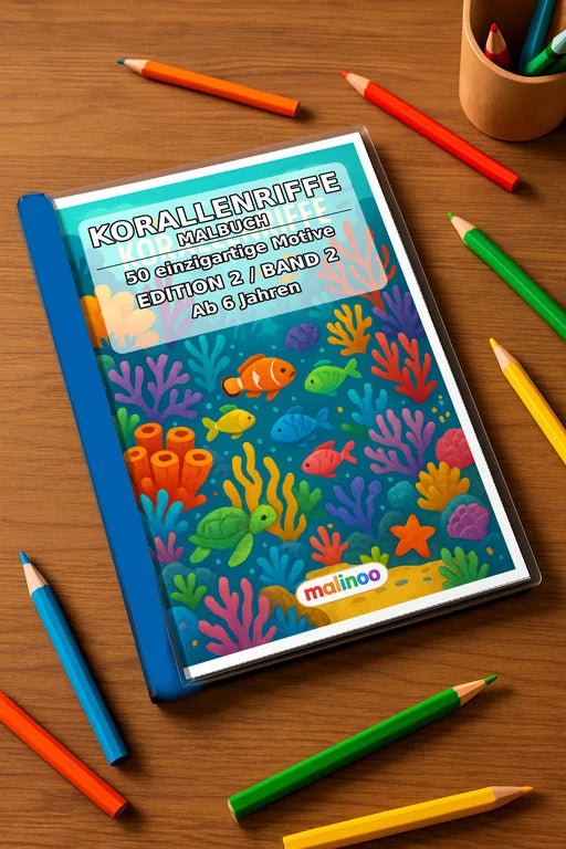 Korallenriffe Malbuch 50 Ausmalbilder gedruckt+gebunden – Mockup-Ansicht