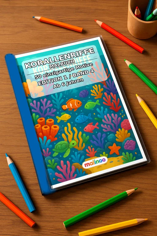 Korallenriffe Malbuch 50 Ausmalbilder gedruckt+gebunden – Mockup-Ansicht
