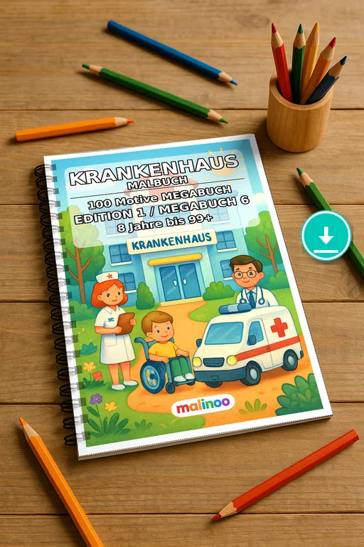 Krankenhaus Malbuch 100 Ausmalbilder PDF Download digital – Mockup-Ansicht