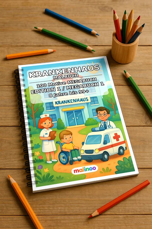 Krankenhaus Malbuch 100 Ausmalbilder gedruckt und gebunden – Mockup-Ansicht