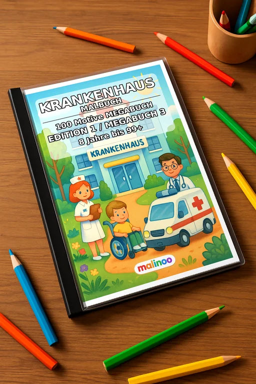 Krankenhaus Malbuch 100 Ausmalbilder gedruckt+gebunden – Mockup-Ansicht
