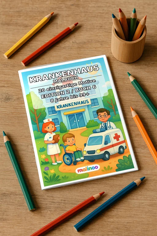 Krankenhaus Malbuch 20 Ausmalbilder gedruckt+gebunden – Mockup-Ansicht