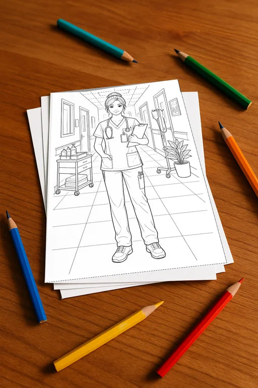 Krankenhaus Malbuch 20 Ausmalbilder gedruckt+lose – Mockup-Ansicht