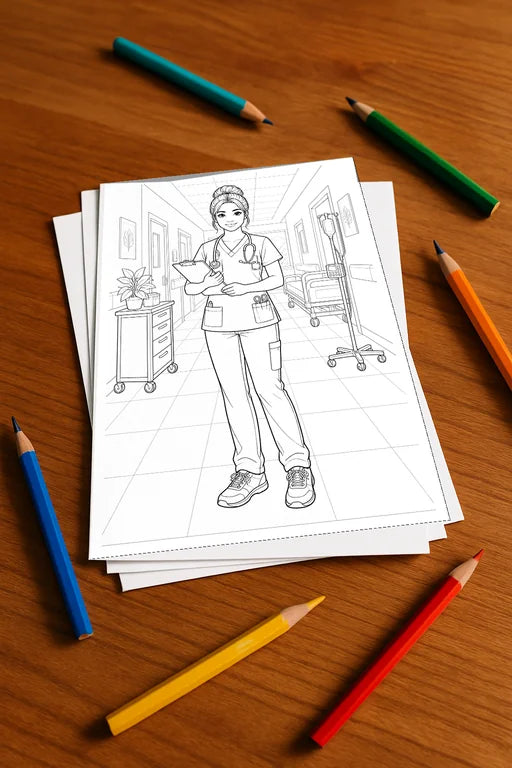 Krankenhaus Malbuch 20 Ausmalbilder gedruckt+lose – Mockup-Ansicht
