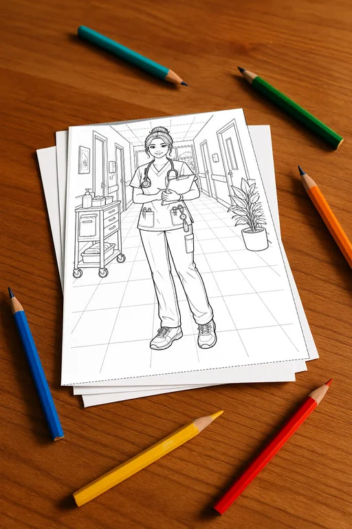 Krankenhaus Malbuch 20 Ausmalbilder gedruckt+lose – Mockup-Ansicht