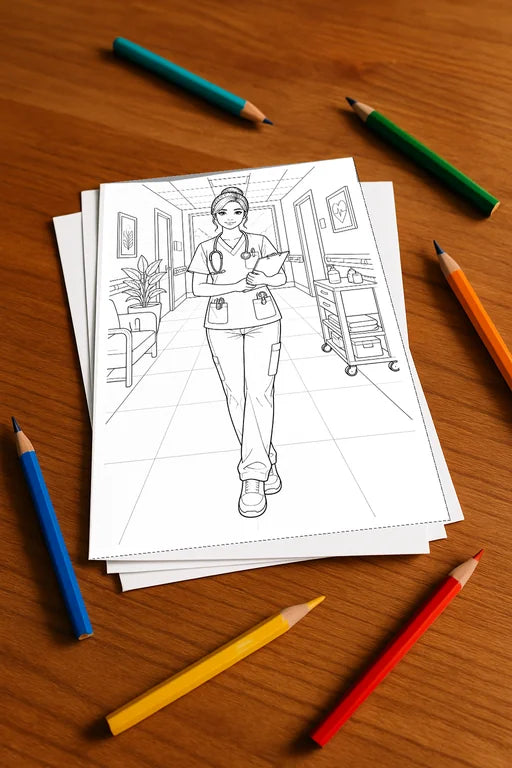 Krankenhaus Malbuch 20 Ausmalbilder gedruckt+lose – Mockup-Ansicht