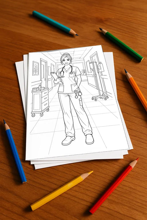 Krankenhaus Malbuch 20 Ausmalbilder gedruckt+lose – Mockup-Ansicht