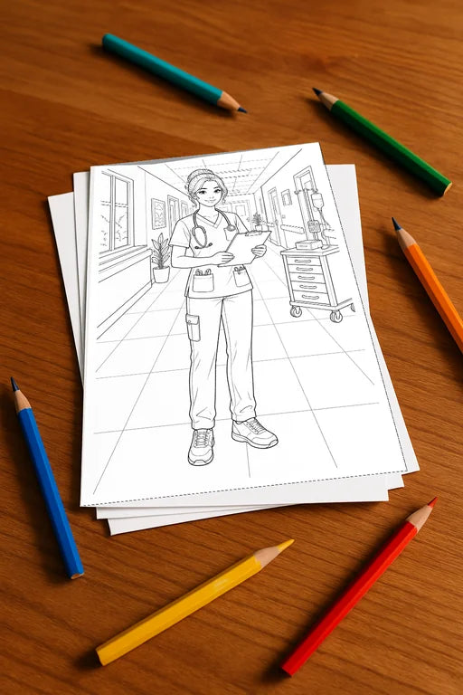 Krankenhaus Malbuch 20 Ausmalbilder gedruckt+lose – Mockup-Ansicht