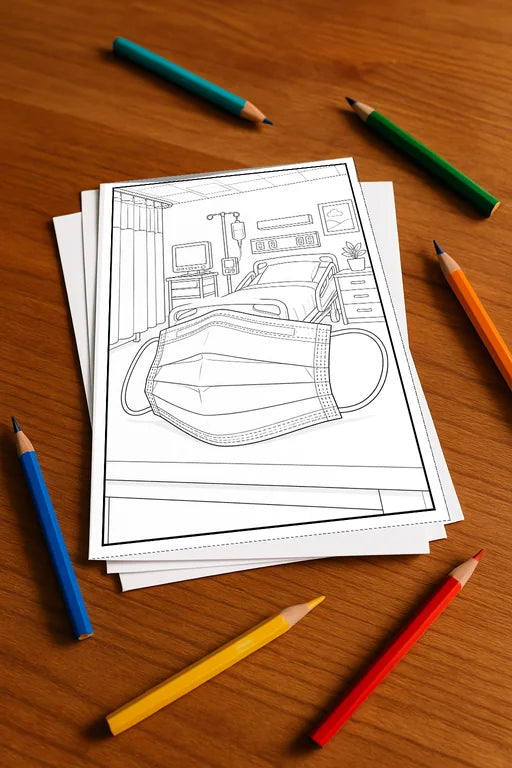 Krankenhaus Malbuch 20 Ausmalbilder gedruckt+lose – Mockup-Ansicht