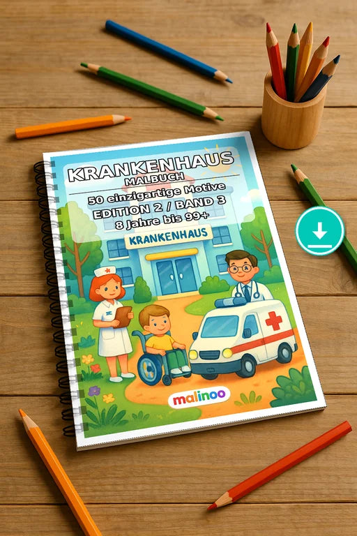 Krankenhaus Malbuch 50 Ausmalbilder PDF Download digital – Mockup-Ansicht