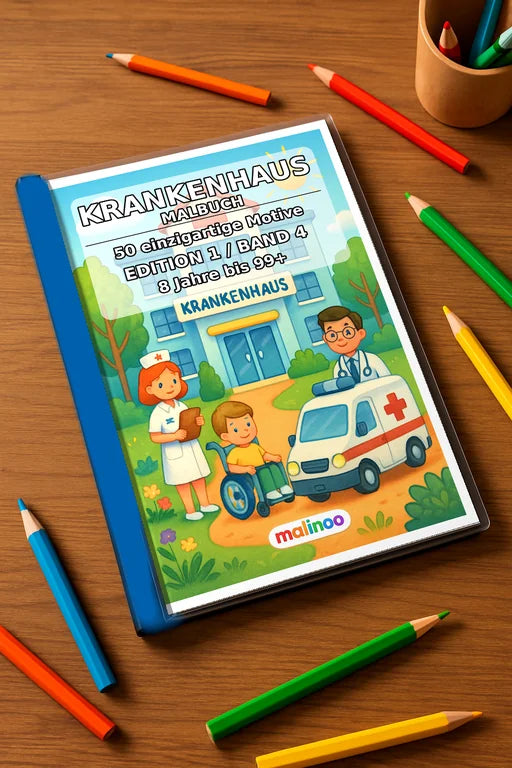 Krankenhaus Malbuch 50 Ausmalbilder gedruckt+gebunden – Mockup-Ansicht