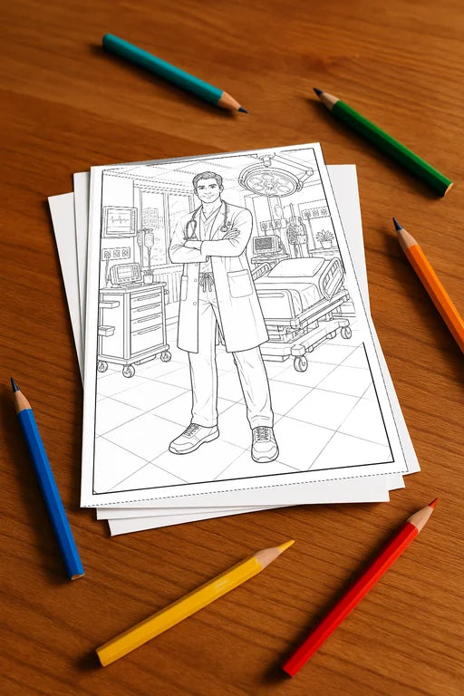 Krankenhaus Malbuch 50 Ausmalbilder gedruckt+lose – Mockup-Ansicht