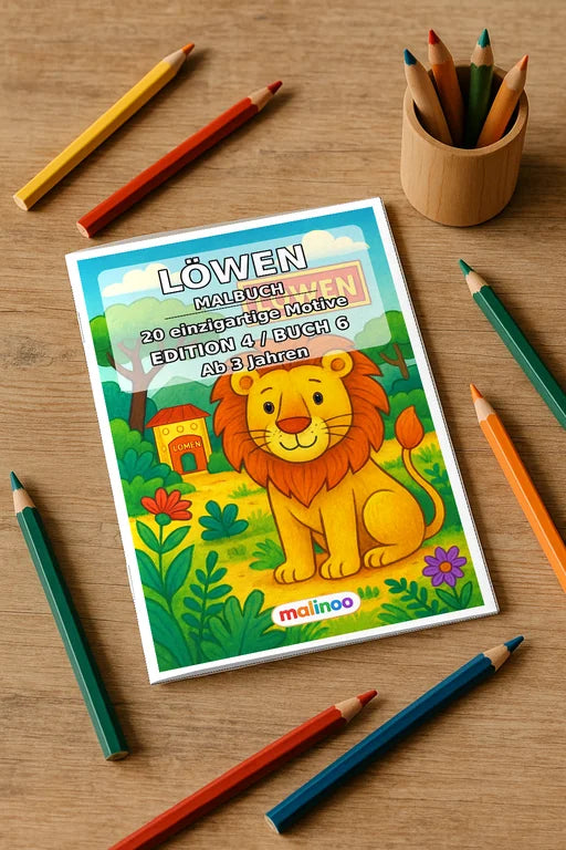 Löwen Malbuch 20 Ausmalbilder gedruckt+gebunden – Mockup-Ansicht