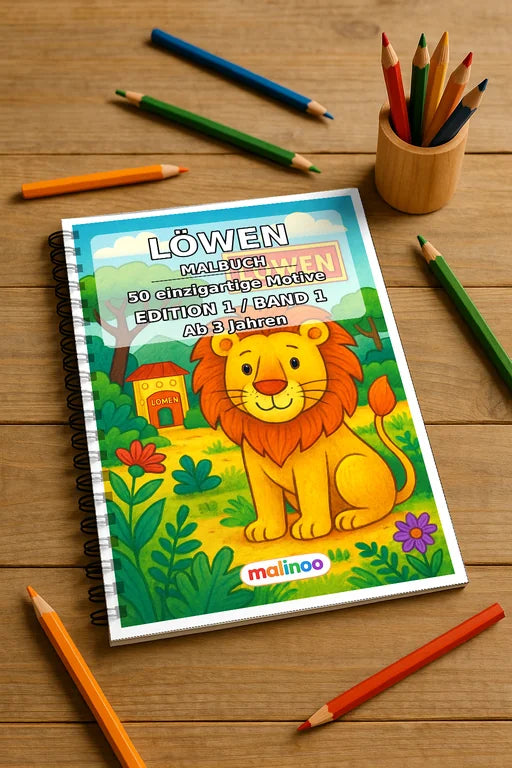 Löwen Malbuch 50 Ausmalbilder gedruckt und gebunden – Mockup-Ansicht