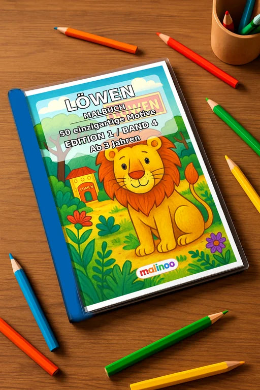 Löwen Malbuch 50 Ausmalbilder gedruckt+gebunden – Mockup-Ansicht