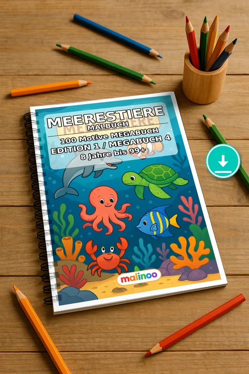 Meerestiere Malbuch 100 Ausmalbilder PDF Download – Mockup-Ansicht