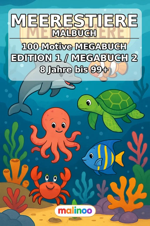 Meerestiere Malbuch 100 Ausmalbilder gedruckt+gebunden – Cover