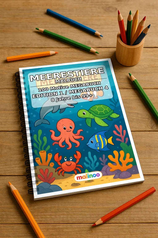 Meerestiere Malbuch 100 Ausmalbilder gedruckt und gebunden – Mockup-Ansicht