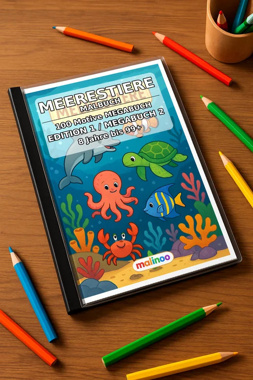 Meerestiere Malbuch 100 Ausmalbilder gedruckt+gebunden – Mockup-Ansicht